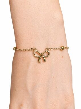 14K Gold Plated Bow Bracelet 10” Adjustable Dainty Chain Beaded Minimal